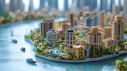 Fototapeta premium A detailed miniature model of a modern city with skyscrapers, a waterfront, and small boats.