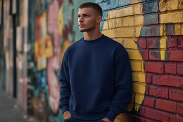 Fototapeta premium Navy Blue Sweatshirt Mockup, Caucasian Man with Buzz Cut, Fashion Streetwear Design