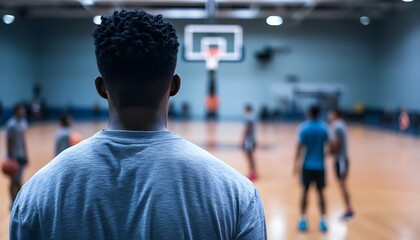 A focused athlete observes a basketball practice session, showcasing teamwork and dedication in a gym environment.