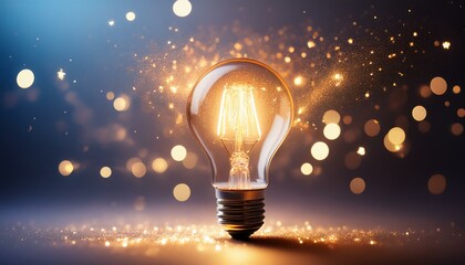 Glowing lightbulb amidst sparkles and mist on a soft gradient background.