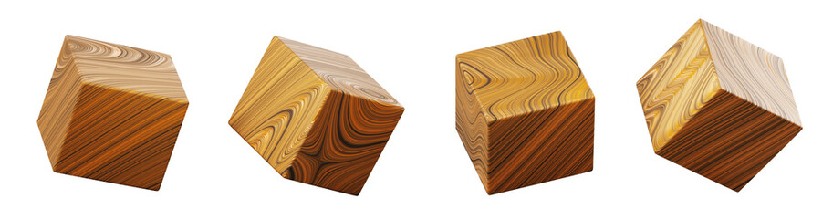 Wooden cube block mockup 3d render icon set. Natural square boxes with wood texture, blank game dice or education cubic toy, graphic design elements isolated on transparent background. 3D illustration