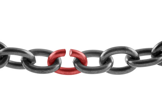 Metal chain with red broken link isolated on white background, concept of freedom
