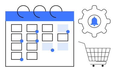 Calendar with multiple dates marked, adjacent to a gear featuring a notification bell, and a shopping cart. Ideal for scheduling, planning, reminders, organization, and task management. Simple line