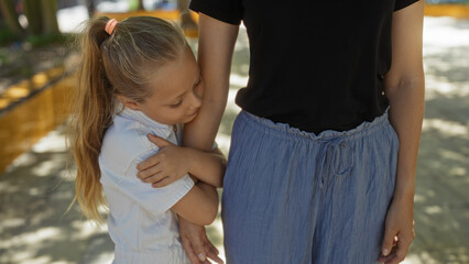 Daughter hugging mother from side in an urban outdoor park setting