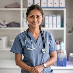 professional and approachable female Indian healthcare worker. She is wearing a neat, blue medical scrub with a stethoscope around her neck