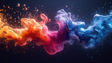 Abstract colorful smoke or fluid motion on a dark background, showcasing vibrant hues.