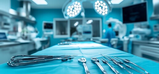 Close up of surgical instruments on an operating table in a hospital room, with a blurred background of a surgeon and medical equipment.