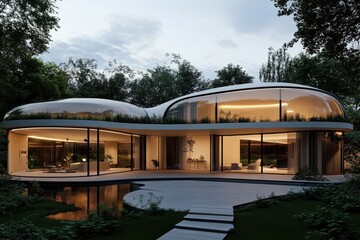 Obraz premium A stunning modern glass house with organic, flowing architecture design, seamlessly blending into the surrounding lush forest environment. Evening light highlights its elegance.