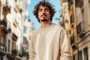 Fototapeta premium Tan Sweatshirt Mockup, Latino Man with Curly Hair, Casual Fashion Project