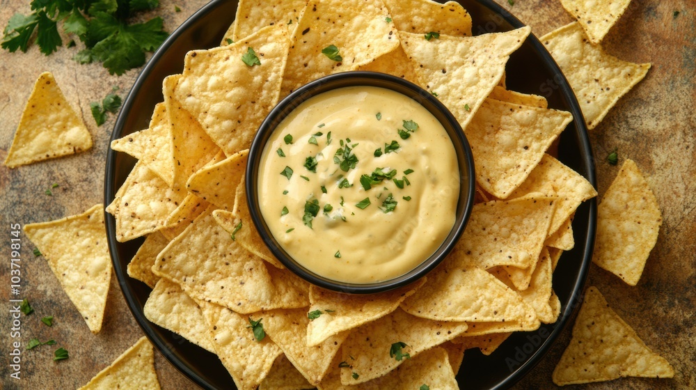 Poster enjoy a delicious platter of crispy corn chips surrounded by smooth cheese sauce, ideal for parties 