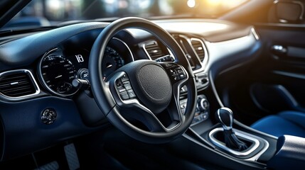 A modern car interior featuring a leather steering wheel, dashboard controls, and sleek design, illuminated by soft sunlight.