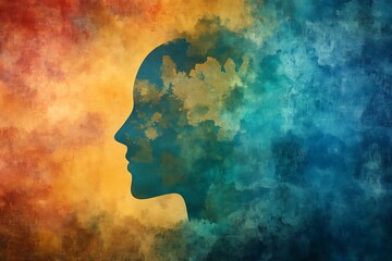 A human head silhouette filled with colorful clouds, representing the fusion of imagination, creativity, and the emotions that shape the mind's landscape.