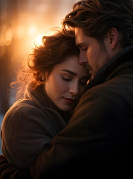 couple hugging, young men and women in love, tenderness and feelings, romance, date, girlfriend, boyfriend, valentine's day, support and care, kiss, bokeh background, evening, relationship, embrace 