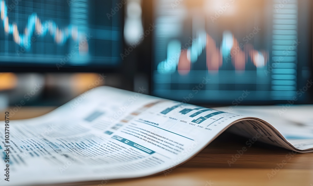 Poster A close-up of a newspaper lying on a desk with financial graphs displayed on computer screens in the background, reflecting a focus on data analysis and market trends.
