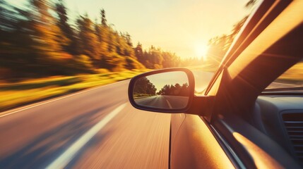 Obraz premium A car drives along a scenic road at sunset, with trees lining the route and a view of the horizon in the side mirror.