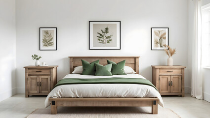 Fototapeta premium Rustic wooden bed with green pillows and nature-themed artwork in minimalist bedroom