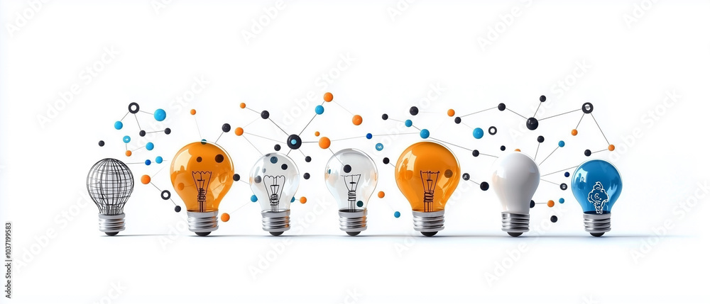 Aufkleber Innovative light bulbs representing ideas and creativity, connected by colorful nodes symbolizing collaboration and networking. This captures essence of brainstorming and teamwork