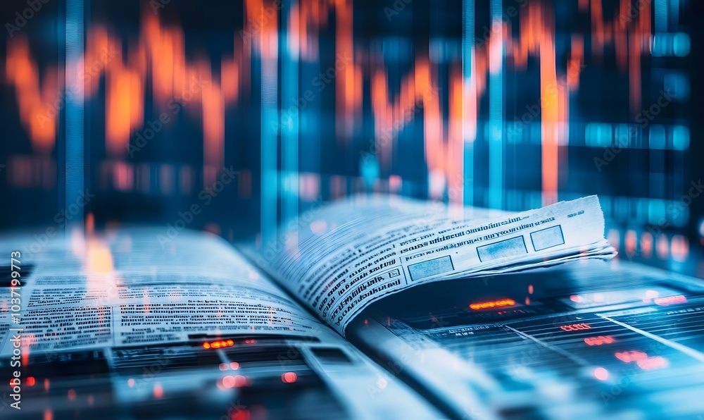 Poster A dynamic image of an open book with financial charts and graph data, highlighting market trends and analysis.