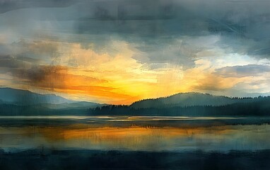Fototapeta premium A serene watercolor landscape depicting a sunset over tranquil waters, with silhouettes of mountains and clouds creating a peaceful ambiance.