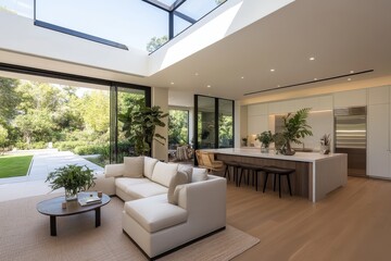 A bright and airy kitchen space showcases an open concept design with large windows offering lush greenery views, emphasizing natural light and spaciousness.