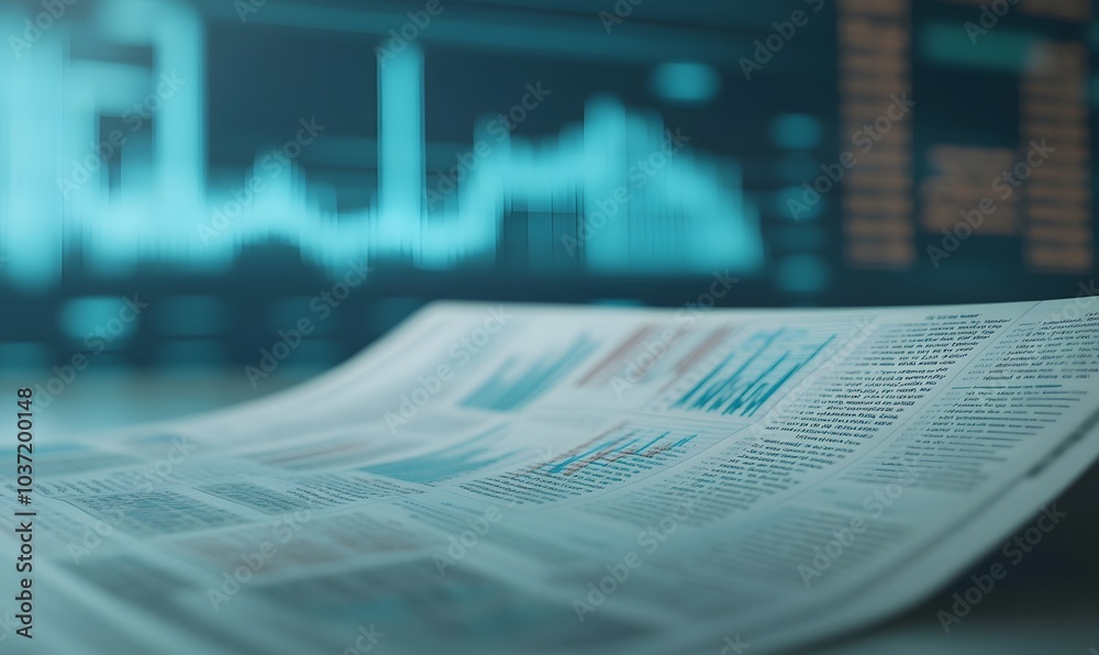 Poster A close-up of a newspaper with visible data charts and graphs, set against a digital display showcasing financial information and trends.