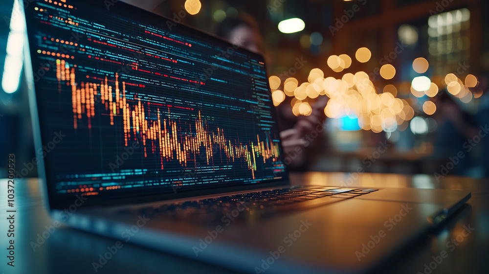 Aufkleber laptop displaying data analytics with colorful graphs and charts, set in modern environment with blurred lights in background, evokes sense of innovation and technology