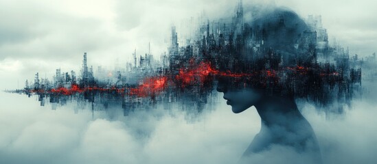 A surreal depiction of a woman's silhouette merged with a cityscape and atmospheric clouds.