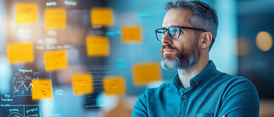 Innovative business professional contemplating strategies with sticky notes in office setting. atmosphere is focused and creative, ideal for brainstorming sessions