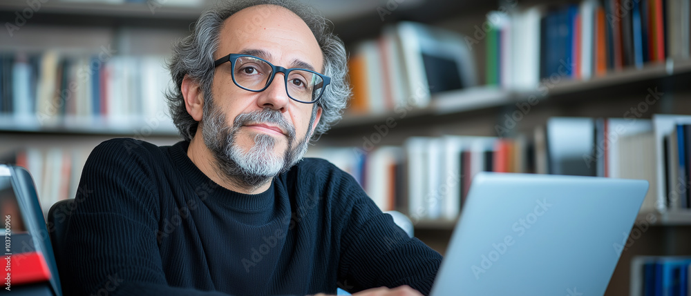 Poster thoughtful businessman is sitting in office, working on laptop with focused expression. background f