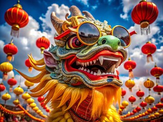 Dragon in Sunglasses and Robe Celebrating Chinese New Year in the Clouds