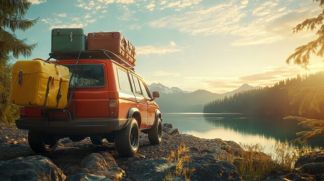 A red SUV parked by a serene lake, surrounded by mountains and trees, suggests adventure and exploration. Bright sunlight enhances the tranquil atmosphere. - Powered by Adobe