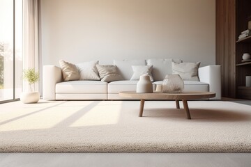 Modern living room with a neutral-toned sofa, soft textured rug, and minimal decor, illuminated by natural sunlight