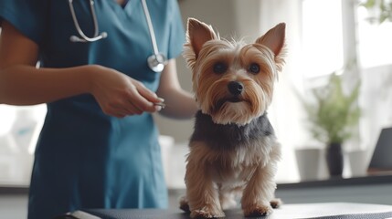 A veterinarian examines a small dog in a bright clinic, showcasing care and professionalism in pet healthcare.
