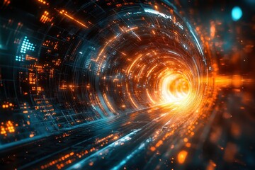 Obraz premium Exploring a bright digital tunnel with glowing orange and blue patterns in a futuristic world