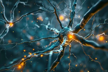 Close-up of a neuron with glowing synapses and branching dendrites, representing neural activity in a complex network
