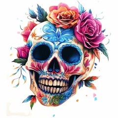 Sugar Skull with Colorful Flowers