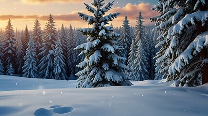 Snowfall in winter forest. Beautiful landscape with snow covered fir trees and snowdrifts.