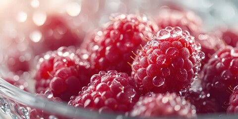 Close-up of fresh raspberries with water droplets highlighting natural freshness and juicy texture...