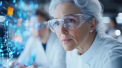 Innovative mature woman in safety glasses focused on digital data analysis, showcasing her expertise in high tech laboratory environment