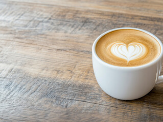 Close up hot cappuccino white coffee cup with heart shape latte art on dark brown old wood table at cafe,food and drink concept 