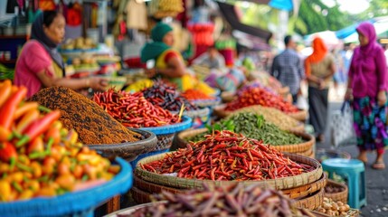 Fototapeta premium Vibrant Spices and Colorful Produce in a Busy Asian Market