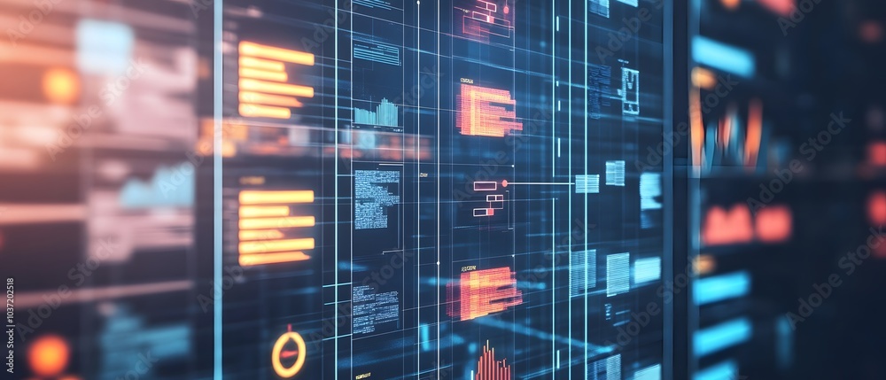 Poster abstract digital display with colorful graphs and data metrics, ideal for technology, finance, or da