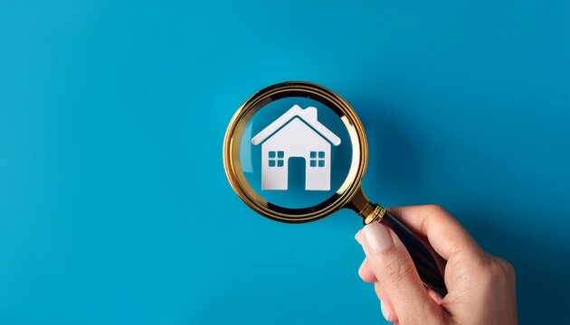 Magnifier zooming in on house icon on blue background. Home and property search concept. 3D Rendering.