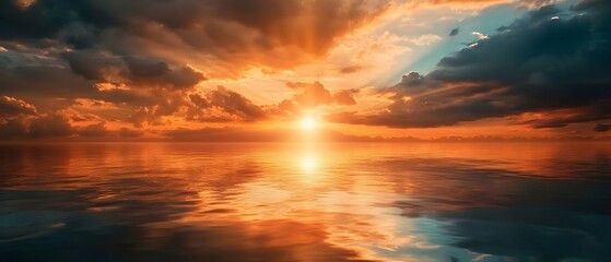 Fototapeta premium Breathtaking sunset over calm ocean waters, with vibrant colors illuminating the sky and reflecting on the serene surface.