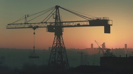 Obraz premium A crane is silhouetted against a beautiful sunset