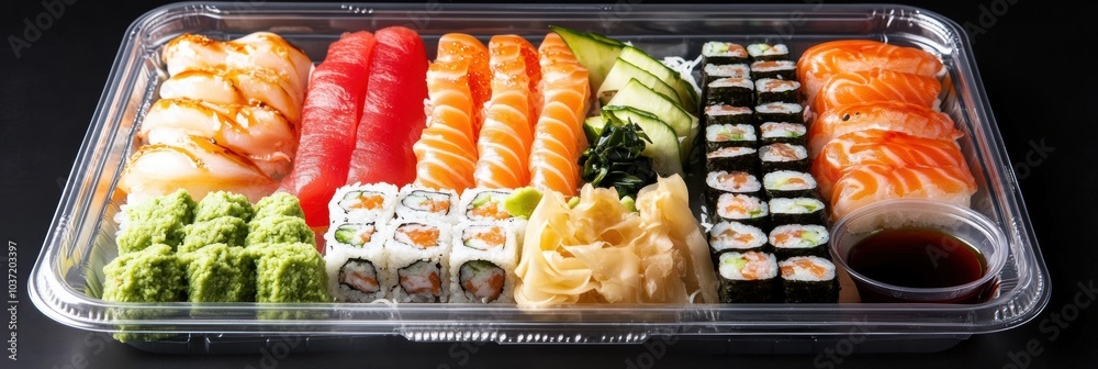 Poster a beautifully arranged sushi platter showcases an array of rolls, sashimi, and traditional accompani