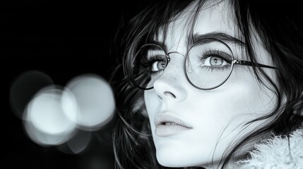 Close-up portrait of young woman with glasses showcasing intense gaze in black and white colors captured with a shallow depth of field creating a dreamy atmosphere with soft blurred bokeh lights