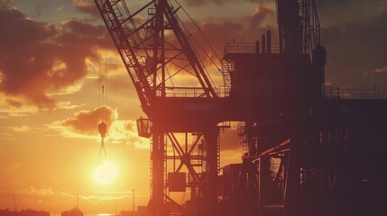 Obraz premium A crane is silhouetted against a sunset sky