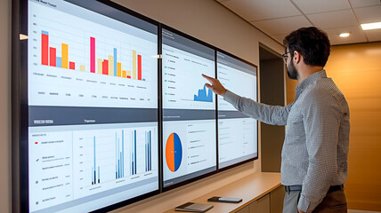 Professional analyzing business data on interactive display screens. Corporate professional examining market trends on digital screens.
