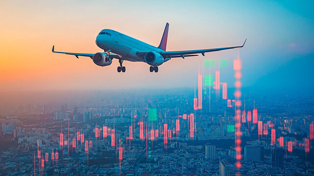 Airplane flying over city with stock market graph overlay. Concept of aviation industry and financial growth with plane and growing market charts.